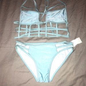 Blue strappy two piece bikini swimsuit